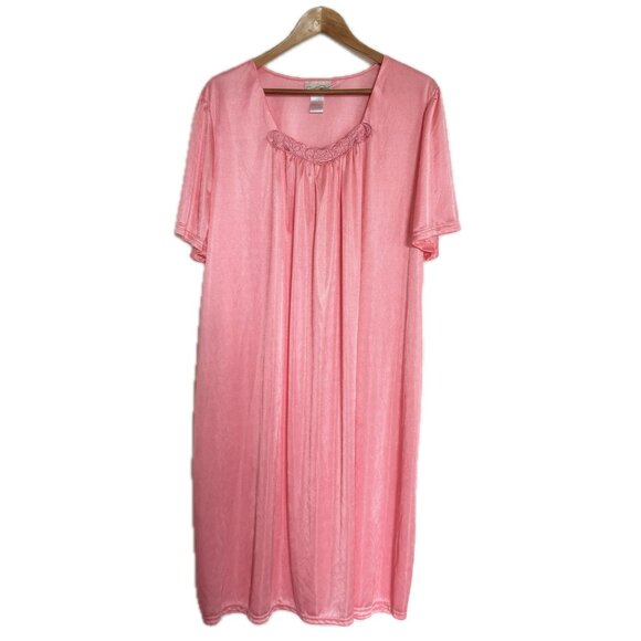 Vintage Carroll Reed Nightgown Women XL Pink Embroidery 80s Lounge House Dress - Picture 1 of 14
